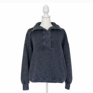 Aerie Getaway Quarter Snap Oversized Pullover Sweatshirt Blue Mineral Wash XS